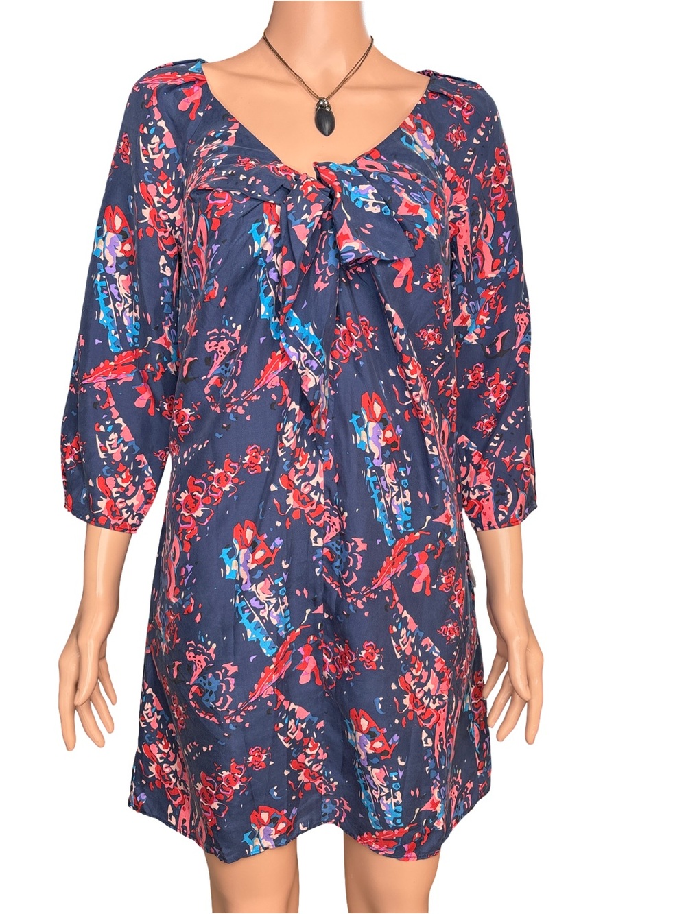 Juicy Couture Silk Geometric Print Dress, V-Neck, Pockets, 35" Length Small